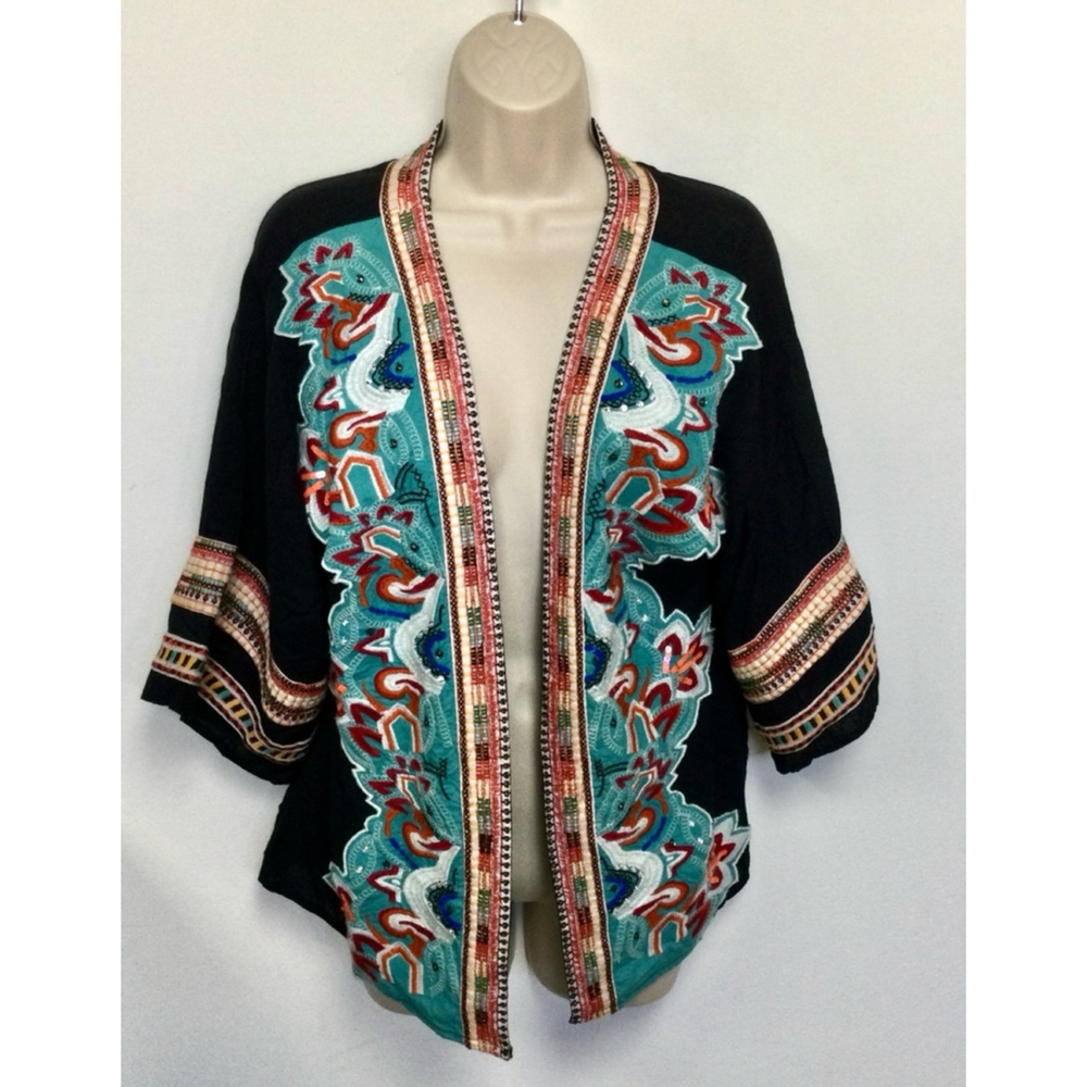 Women's Banjara‎ Kimono XS Black Turquoise Embroidered Bohemian Jacket